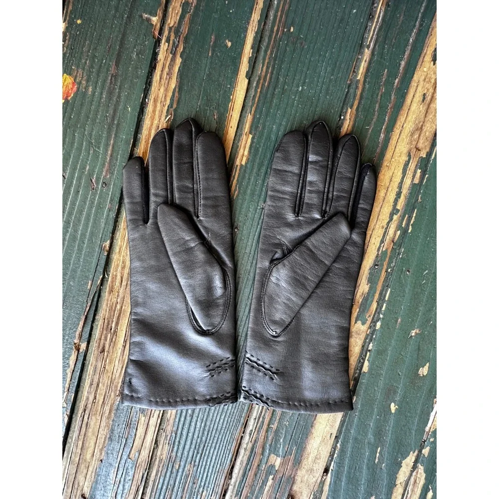 Vintage Dark Brown Leather Gloves Decorative Stitching Knit Lined Size 7.5-8.5